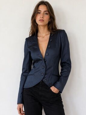 Elizabeth and James Navy Blue Button Fitted Blazer Size 6 EUC